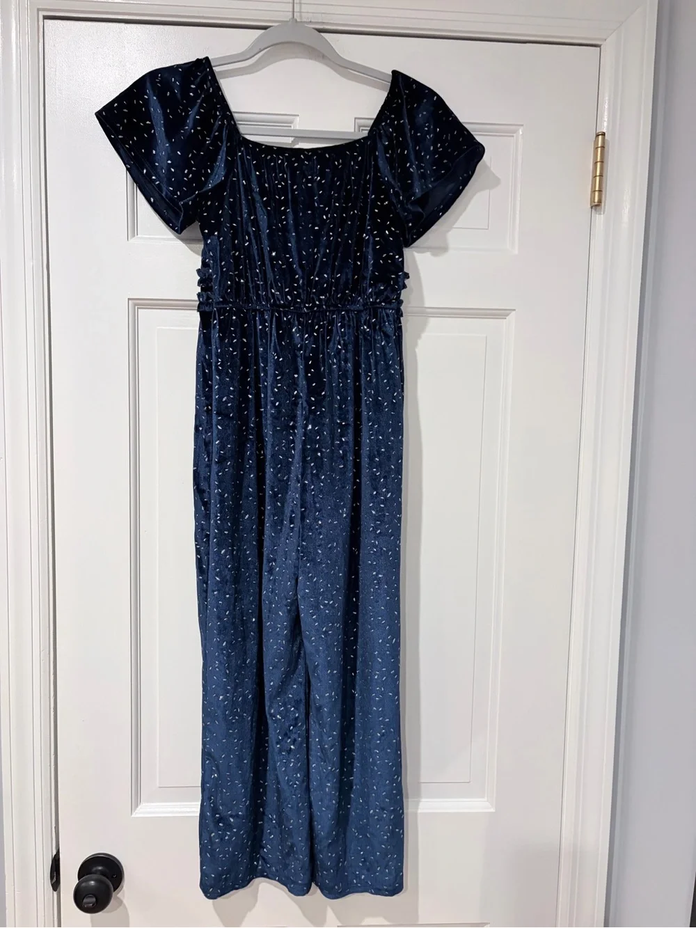 Girls Navy Blue Velour Sparkle Smock Waist Jumpsuit Large